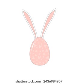 Easter egg with bunny ears isolated on white background. Cute happy pink spring holiday symbol. Vector flat with outline illustration on pastel color.