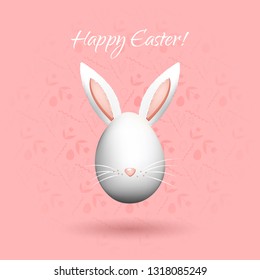 Easter egg with bunny ears and nose on pink background. Holiday greeting card. Vector illustration