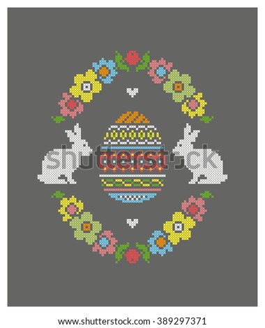 Easter egg. Easter bunny. Embroidery. Cross stitch. Vector.