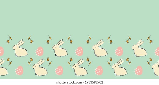 Easter Egg Bunny Flower Frame Border Seamless Patten. Vector illustration. Great for Easter, birthday, party, gift wrapping, wallpaper, textile and scrapbook 