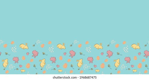 Easter Egg Bunny Flower Frame Border Seamless Pattern. Vector illustration. Great for Easter, birthday, party, gift wrapping, wallpaper, textile and scrapbook 