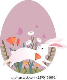 Easter Egg With Bunny And Flowers Vector Illustration