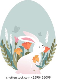 Easter Egg With Bunny And Flowers Vector Illustration