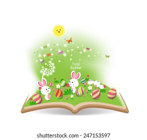 easter egg and bunny funny spring with dandelion in the book