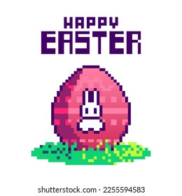 Easter egg with bunny in the egg on the grass and happy easter text, 8 bit pixel art icon, symbol, asset, logo for easter day, vector illustration isolated on white background.