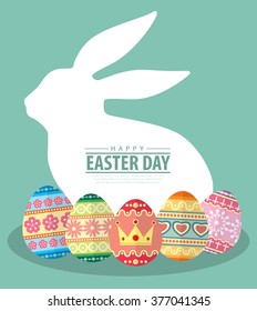 Easter egg and bunny on green background. Vector illustration. Happy easter card.