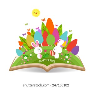 easter egg and bunny spring with grass garden in the book