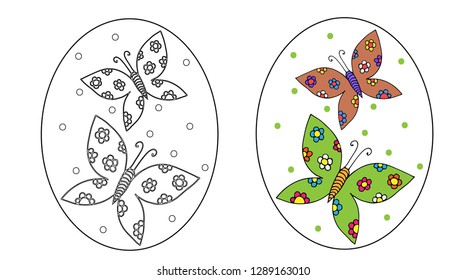Easter egg with butterfly for coloring book or page and kids isolated on the white background