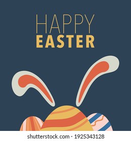 Easter egg card with bunny ears and Happy Easter text. Vector illustration in flat style.