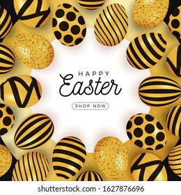 Easter egg card. Easter card with eggs laid out in a circle on a black plate, gold and black ornate eggs on white circle modern background. Vector illustration. Place for your text.