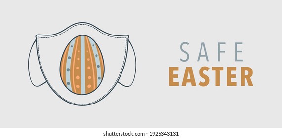 Easter egg card with medical mask. Vector illustration with colored easter egg, covid-19 on light background. Safe easter flat style.