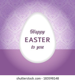 Easter egg card on purple background, floral Easter egg background. Happy Easter card. Happy easter cards illustration with easter egg. Doodles ornament easter egg background.