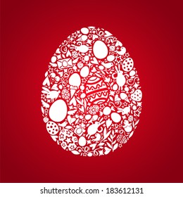 Easter Egg Card of White Objects on Red Background. Easter symbols