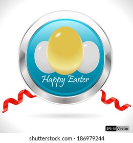 easter egg cards with easter eggs, golden egg badge, red ribbon background - vector eps10