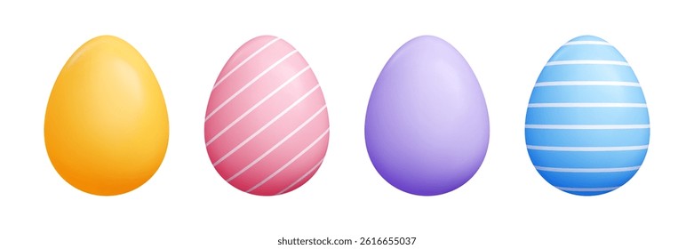 Easter egg cartoon 3d set - vibrant solid oval vector shapes, diagonal striped lines, polka dots decorative drawing, cute patterns. Geometric graphic seasonal style for spring holidays projects
