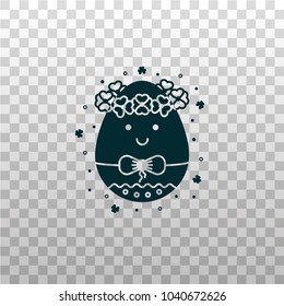 Easter egg character decorated with flower crown and bow - black silhouette icon on isolated background. Traditional symbol, emoji, emoticon, sticker for christian holiday in outline design.