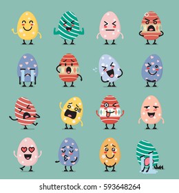 Easter Egg Character Emoji Set. Funny Cartoon Emoticons