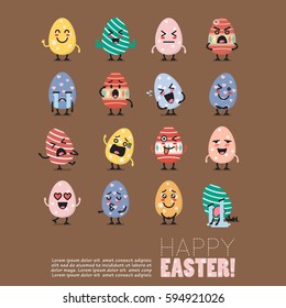 Easter Egg Character Emoji Set. Funny Cartoon Emoticons