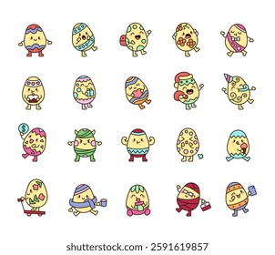 Easter egg character set featuring various emotions, festive accessories, and holiday elements, perfect for seasonal decorations, cheerful celebrations and for yours creative design projects