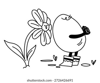 Huevo de Pascua carácter olfateando una ilustración sonriente del contorno de la flor de la primavera para colorear