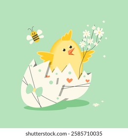 Easter egg with a cheerful chick inside holding a bouquet of spring flowers, bird with flowers