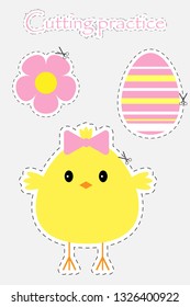 Easter egg, chick and flower in cartoon style, cutting practice, education game for the development of preschool children, use scissors, cut the images, vector illustration