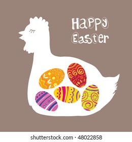 Easter egg in chicken body symbol on the brown background.