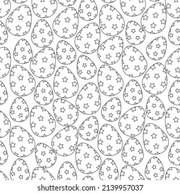 Easter egg. Chicken eggs are decorated with stars. Repeating vector pattern. Isolated background. Seamless holiday ornament. Easter background from eggs. Happy Easter. Fragile shell. 
