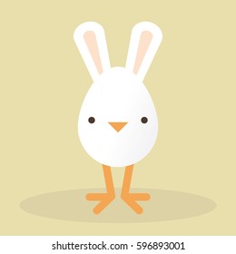 Easter egg with chicken face, chicken feet and rabbit ears on yellow background