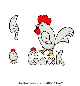Easter egg with chicken, funny rooster and feather, isolated on white background, illustration.