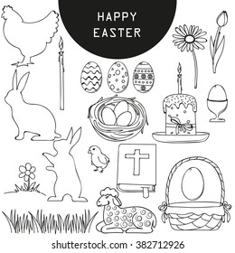 Easter, egg, chicken, lamb, tulip, chamomile, candle, basket, cake, bird's nest, grass, bible. Vector