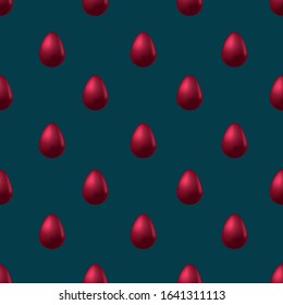 Easter egg. Chicken egg is red. Repeating vector pattern. Isolated green background. Flat style. Seamless festive ornament. Easter background from eggs. Happy Easter. Brittle shell. 