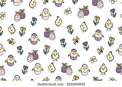 Easter egg chickens floral seamless vector pattern