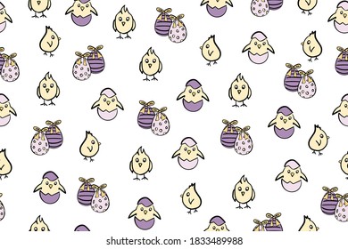 Easter egg chickens seamless vector pattern