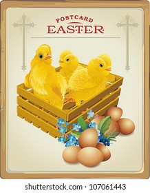 Easter egg and chicks, greeting card. Detailed vector illustration. Abstract Elegance background.