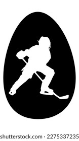 Easter egg with child hockey player. Black stencil. Flat illustration. Clipart. 	  