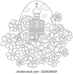 Easter egg with a church and flowers