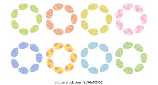 Easter egg circle frame decoration with copy space vector set. Hand-drawn painted ornament egg wreath illustration. Perfect for holiday cards or spring-themed designs