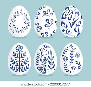 Easter egg collection. Blue floral patterns. Symbol of spring religious traditional holiday. Design elements for greeting postcards. Cartoon flat vector illustrations isolated on blue background