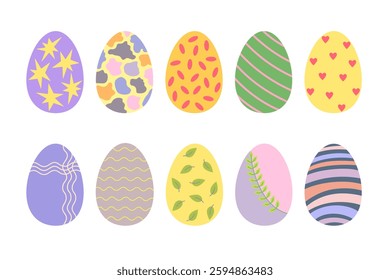 Easter egg collection colorful decorated in festive tones holiday symbol, flat style hand drawn vector illustration for spring celebration time decor, greeting cards, invitations, banners, web design