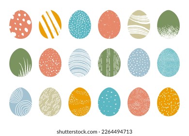 Easter egg collection decorated with Scandinavian style patterns, ornaments and textures. Coloured flat style painted eggs. Vector 