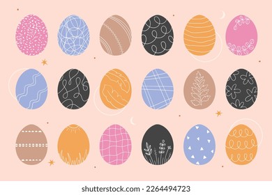 Colección de huevos de Pascua decorada con patrones de estilo escandinavo, adornos y texturas. Huevos pintados de color de estilo plano. Vector 
