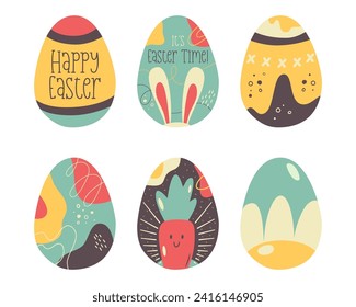 Diseños de la colección de huevos de Pascua. Los huevos de las vacaciones de Pascua cazan en un colorido estilo plano con orejas de conejo y zanahoria. Decoración Art Deco. Gráfico vectorial de acciones
