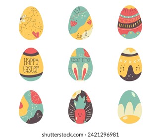 Diseños de la colección de huevos de Pascua. Los huevos de las vacaciones de Pascua cazan en un colorido estilo plano con flores y orejas de conejo. Decoración Art Deco. Clíparte de ilustraciones vectoriales de material.
