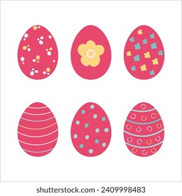 Easter Egg Collection. Red. Abstract and floral patterns. Vector illustration on white background.