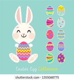 Easter egg collection. Vector illustration. Cute bunny character. Happy easter elements. Flat design.