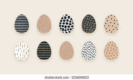 Easter egg collection. Vector modern illustration set. Abstract hand drawn lines and dot polka texture isolated on white background. Design for happy easter day holiday.
