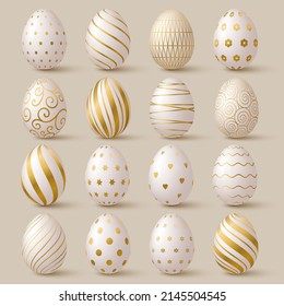 Easter egg collection. White and gold 3d elegant design elements. Vector illustration.