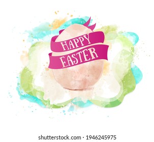 Oeuf de Pâques avec effet éclatant coloré et clair à l'aquarelle et un ruban rose avec le texte 