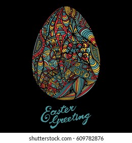Easter egg colorful illustration card drawn by hand, zentangle style, Decorative design for invitation, flyer, banner.